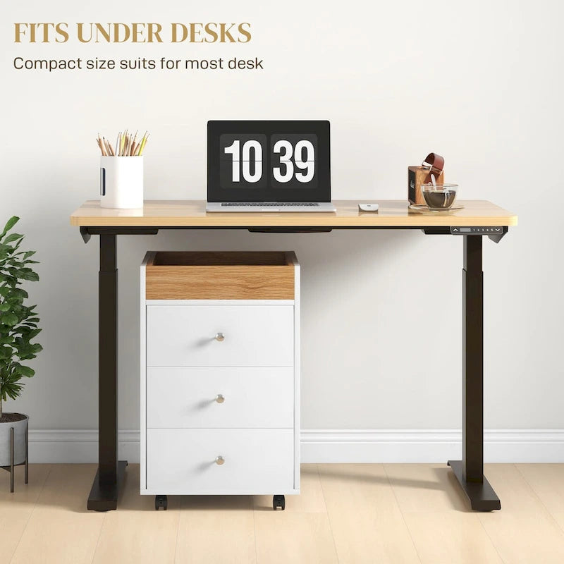 Meuble de rangement de bureau HOMCOM à 3 tiroirs, tiroir de bureau sur roulettes avec plateau amovible, support d'imprimante sous bureau avec rangement