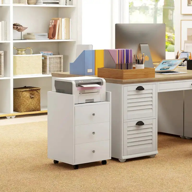 Meuble de rangement de bureau HOMCOM à 3 tiroirs, tiroir de bureau sur roulettes avec plateau amovible, support d'imprimante sous bureau avec rangement