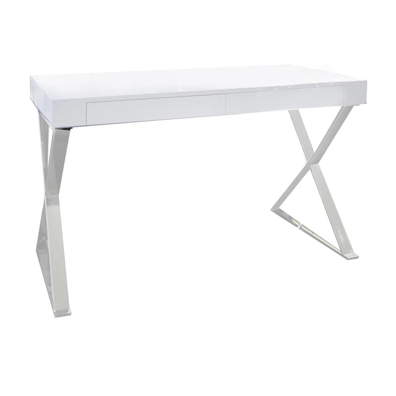 Rix Bureau de 47 pouces, plateau en bois blanc, 2 tiroirs, pieds en acier poli en X