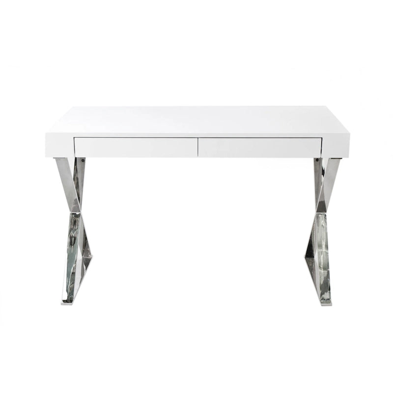 Rix Bureau de 47 pouces, plateau en bois blanc, 2 tiroirs, pieds en acier poli en X
