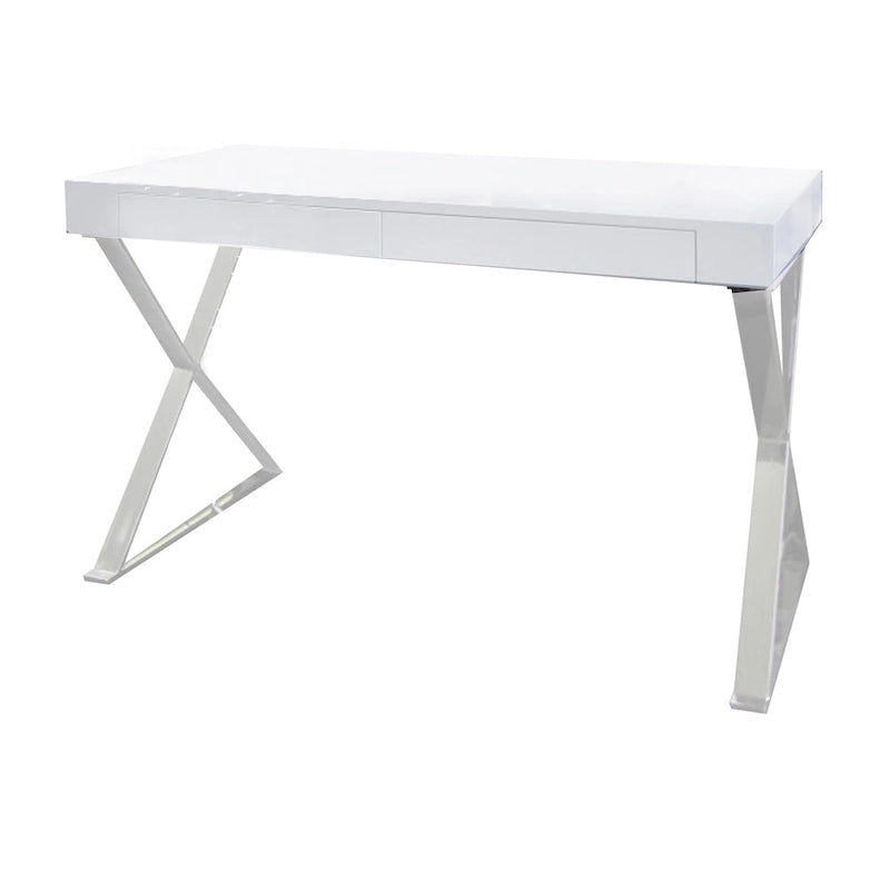 Rix Bureau de 47 pouces, plateau en bois blanc, 2 tiroirs, pieds en acier poli en X