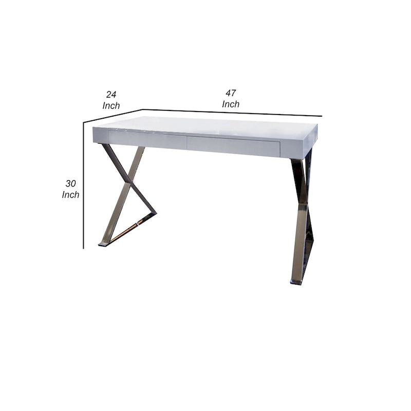 Rix Bureau de 47 pouces, plateau en bois blanc, 2 tiroirs, pieds en acier poli en X