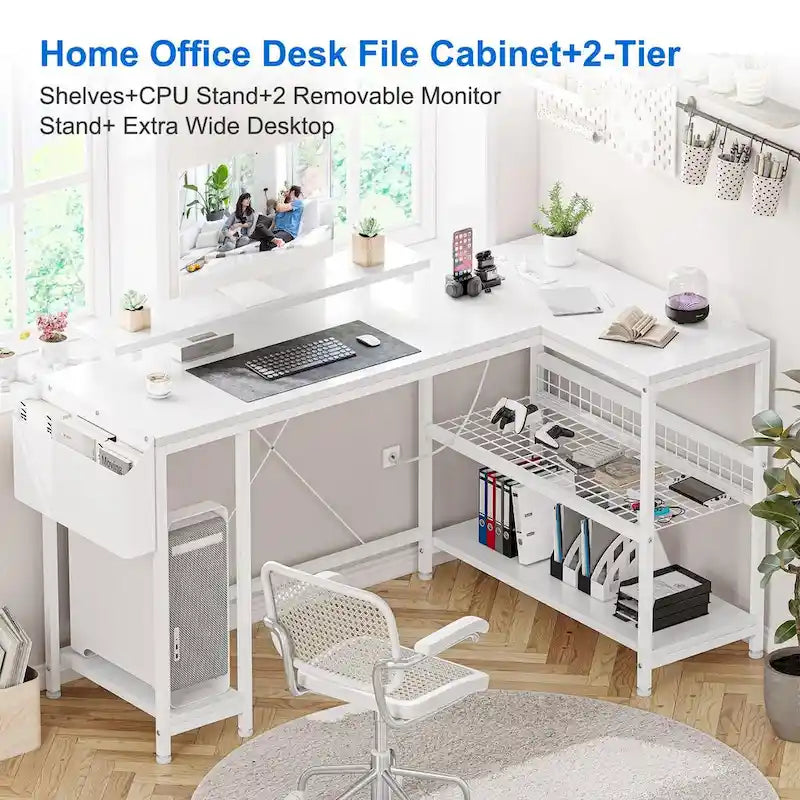 Bureau d'angle moderne avec prises de courant et éclairage LED