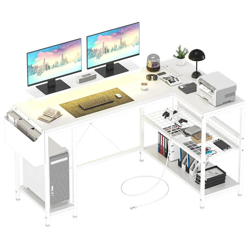 Bureau d'angle moderne avec prises de courant et éclairage LED