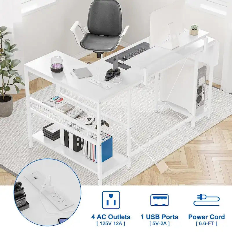 Bureau d'angle moderne avec prises de courant et éclairage LED