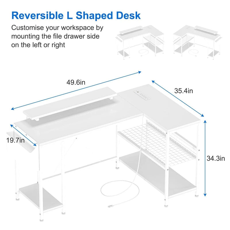 Bureau d'angle moderne avec prises de courant et éclairage LED