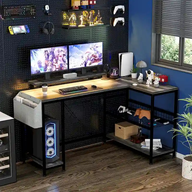 Bureau d'angle moderne avec prises de courant et éclairage LED