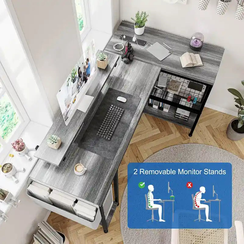Bureau d'angle moderne avec prises de courant et éclairage LED