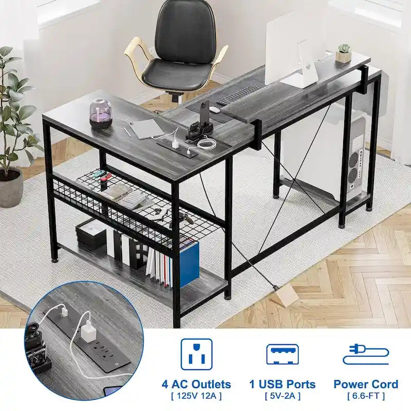 Bureau d'angle moderne avec prises de courant et éclairage LED