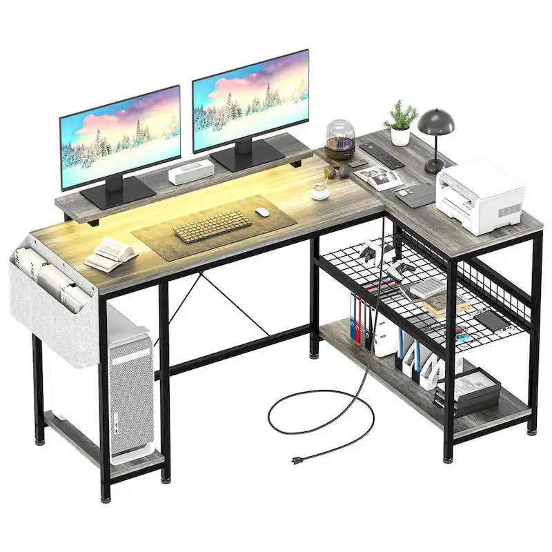 Bureau d'angle moderne avec prises de courant et éclairage LED