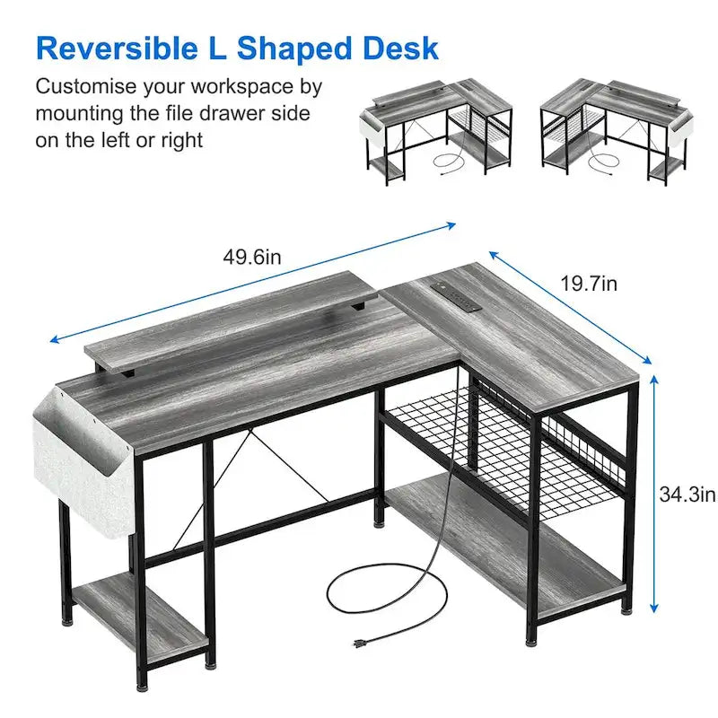 Bureau d'angle moderne avec prises de courant et éclairage LED