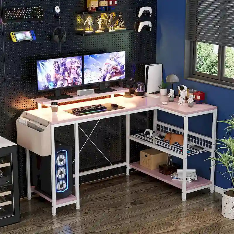 Bureau d'angle moderne avec prises de courant et éclairage LED