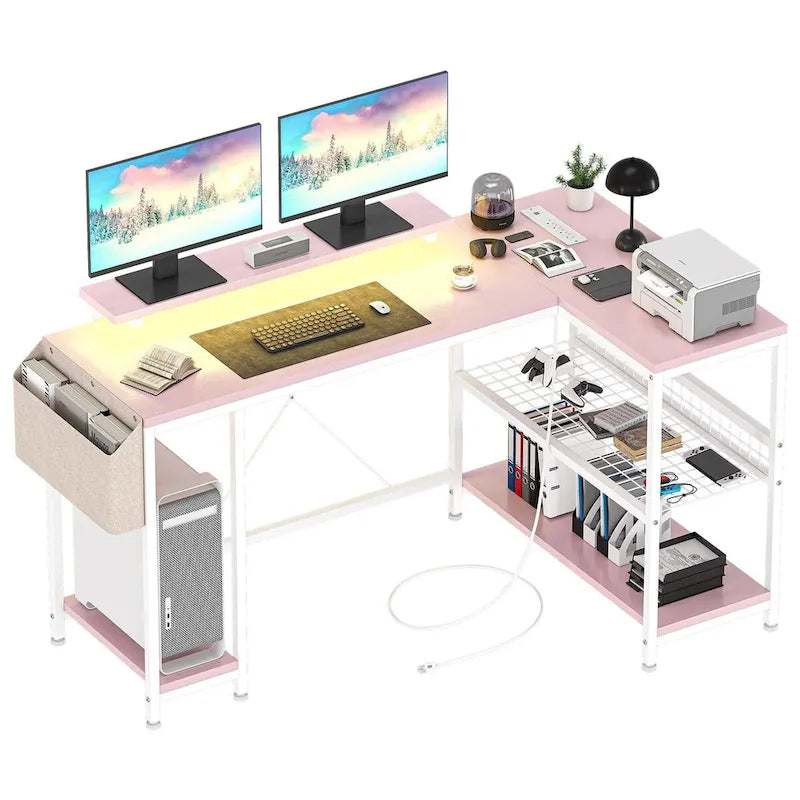 Bureau d'angle moderne avec prises de courant et éclairage LED