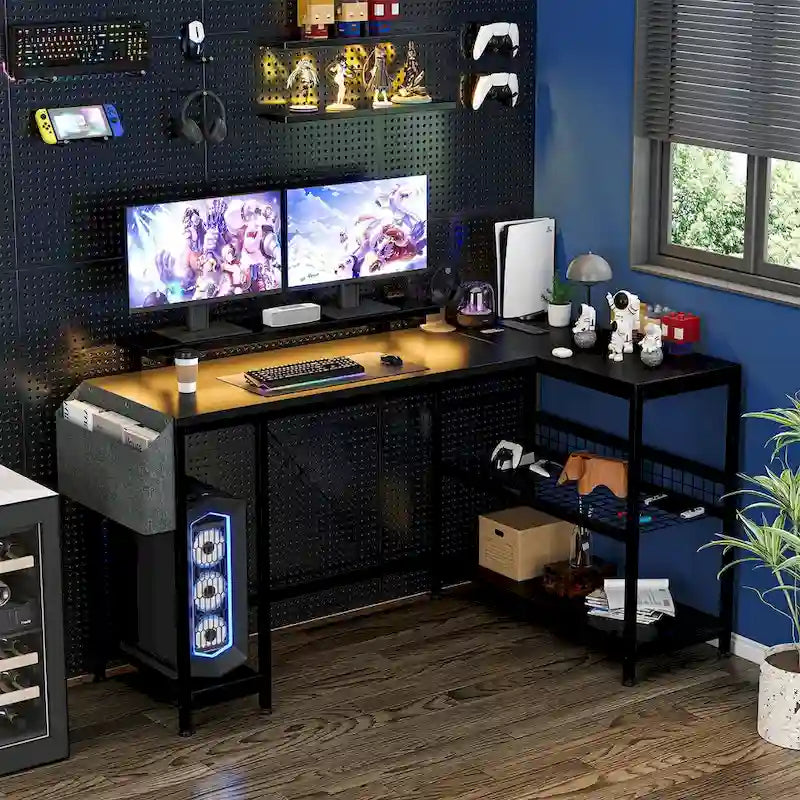 Bureau d'angle moderne avec prises de courant et éclairage LED