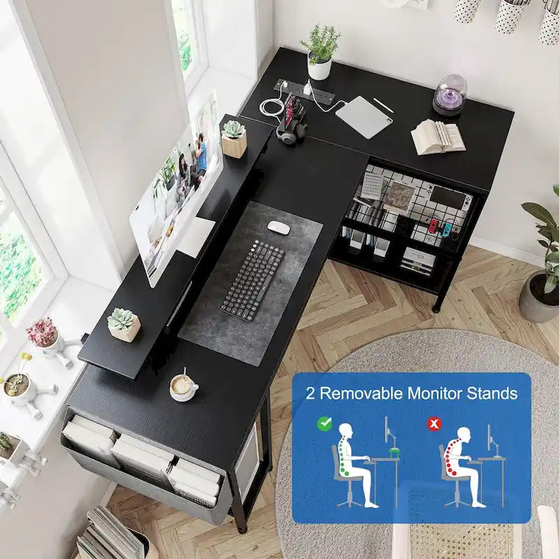 Bureau d'angle moderne avec prises de courant et éclairage LED