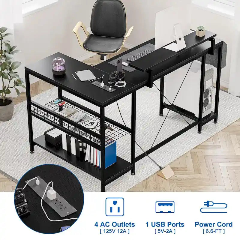 Bureau d'angle moderne avec prises de courant et éclairage LED