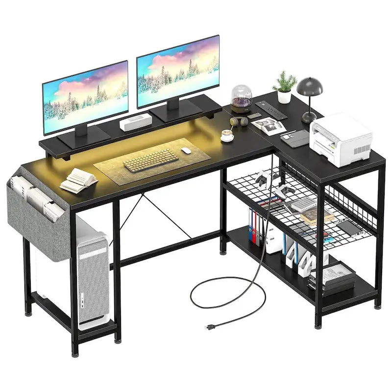 Bureau d'angle moderne avec prises de courant et éclairage LED