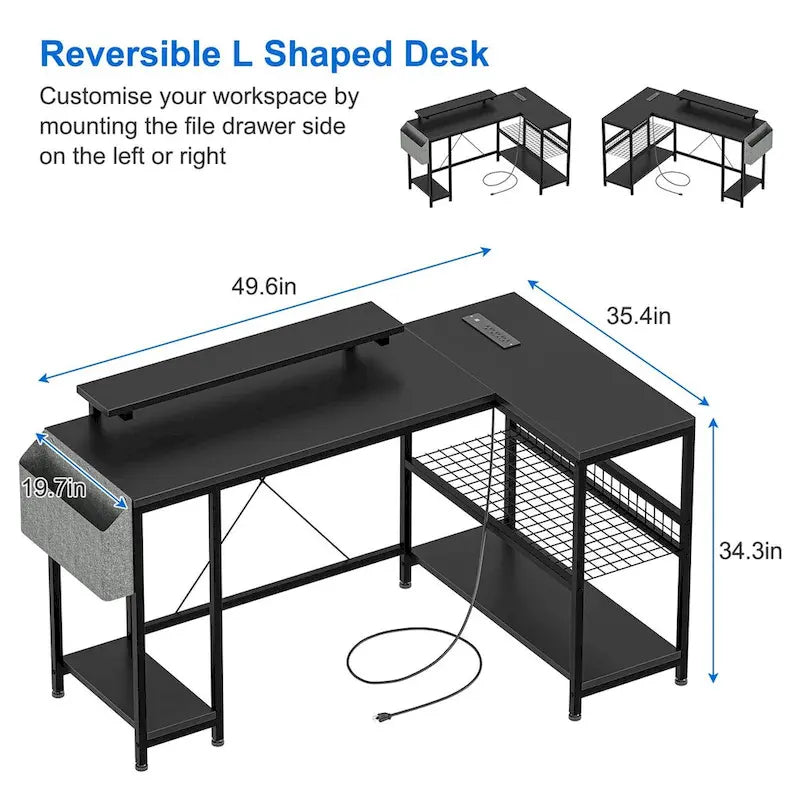Bureau d'angle moderne avec prises de courant et éclairage LED