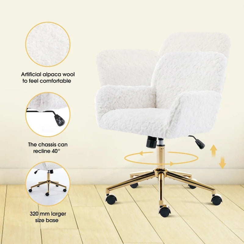 Chaise de bureau rembourrée avec base dorée pivotante à 360° et réglable