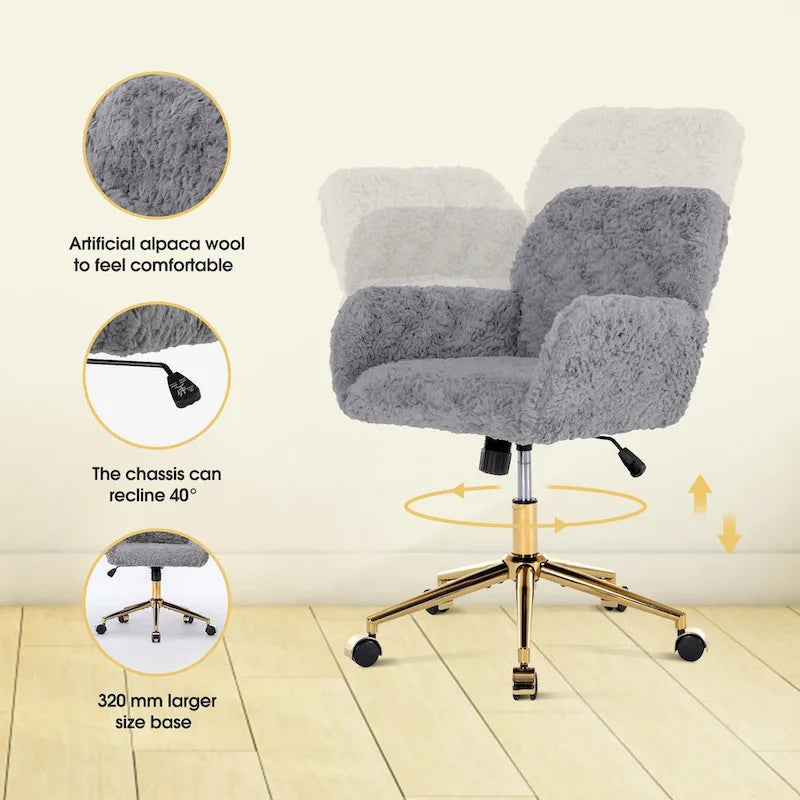 Chaise de bureau rembourrée avec base dorée pivotante à 360° et réglable