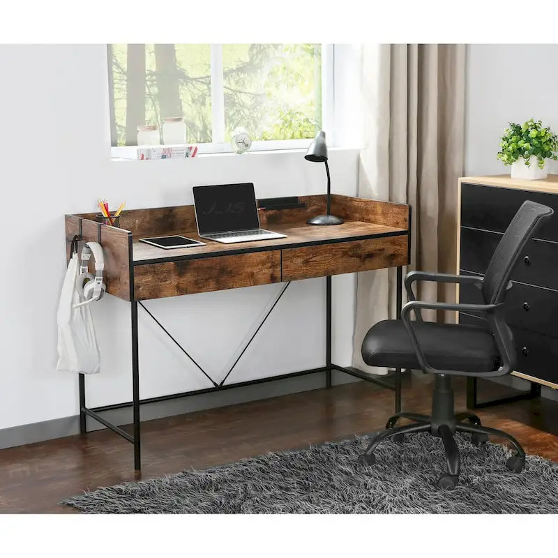 JJS 48 Bureau informatique/pour ordinateur portable avec tiroirs, moderne en bois compact avec panneau de confidentialité et rangement