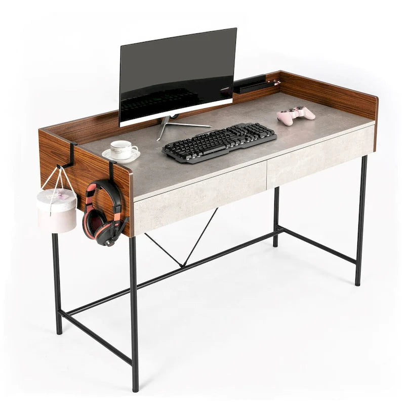 JJS 48 Bureau informatique/pour ordinateur portable avec tiroirs, moderne en bois compact avec panneau de confidentialité et rangement