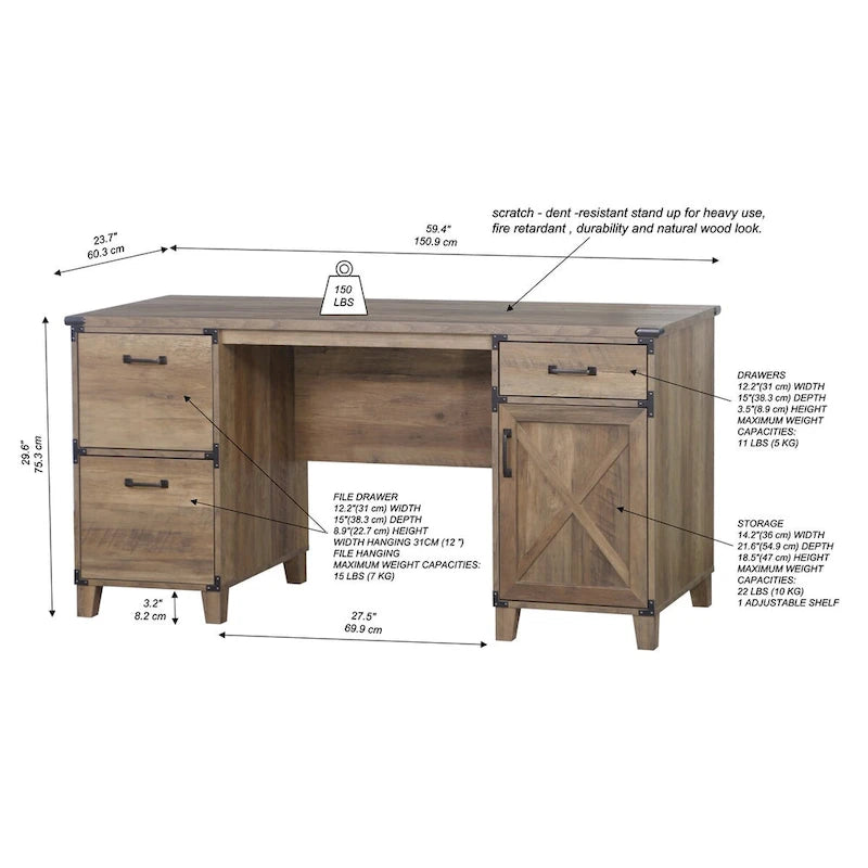 Bureau de direction Oxford Farmhouse en chêne rustique