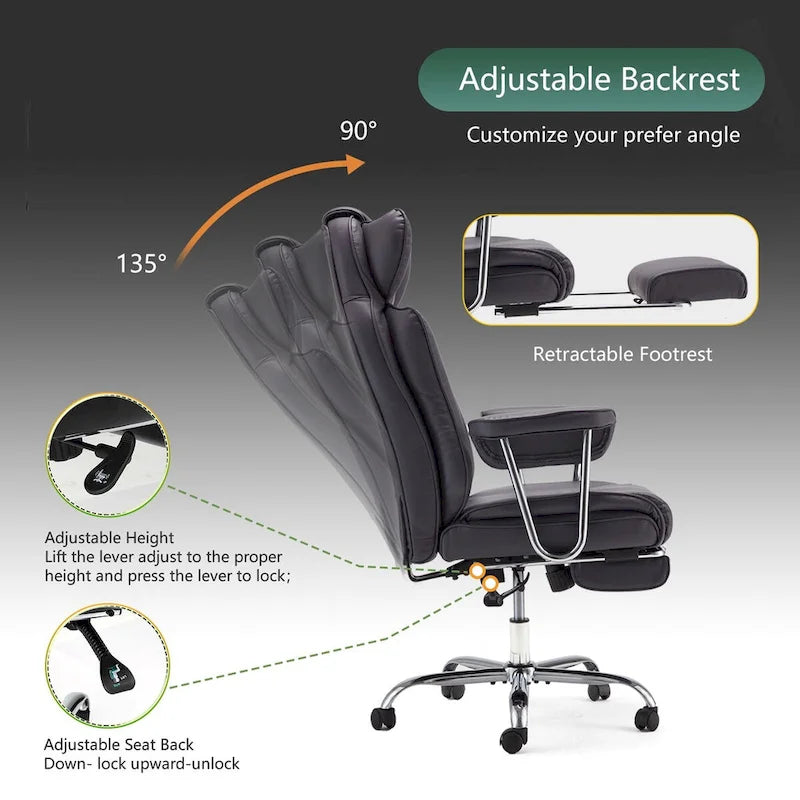 Fauteuil de bureau en cuir grande taille avec repose-pieds et dossier réglable pour personnes jusqu'à 180 kg