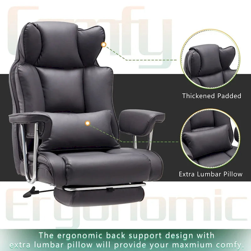 Fauteuil de bureau en cuir grande taille avec repose-pieds et dossier réglable pour personnes jusqu'à 180 kg