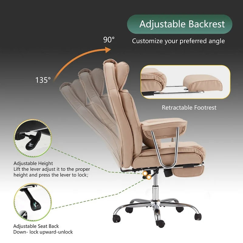 Fauteuil de bureau en cuir grande taille avec repose-pieds et dossier réglable pour personnes jusqu'à 180 kg