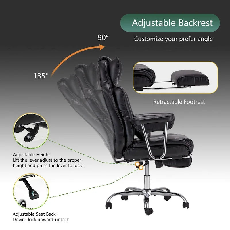 Fauteuil de bureau en cuir grande taille avec repose-pieds et dossier réglable pour personnes jusqu'à 180 kg