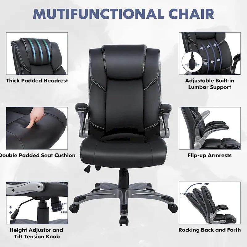 Fauteuil de bureau exécutif à dossier haut avec accoudoirs rembourrés relevables, inclinaison verrouillable réglable, fauteuil à roulettes pivotant pour le travail et l'étude des adultes