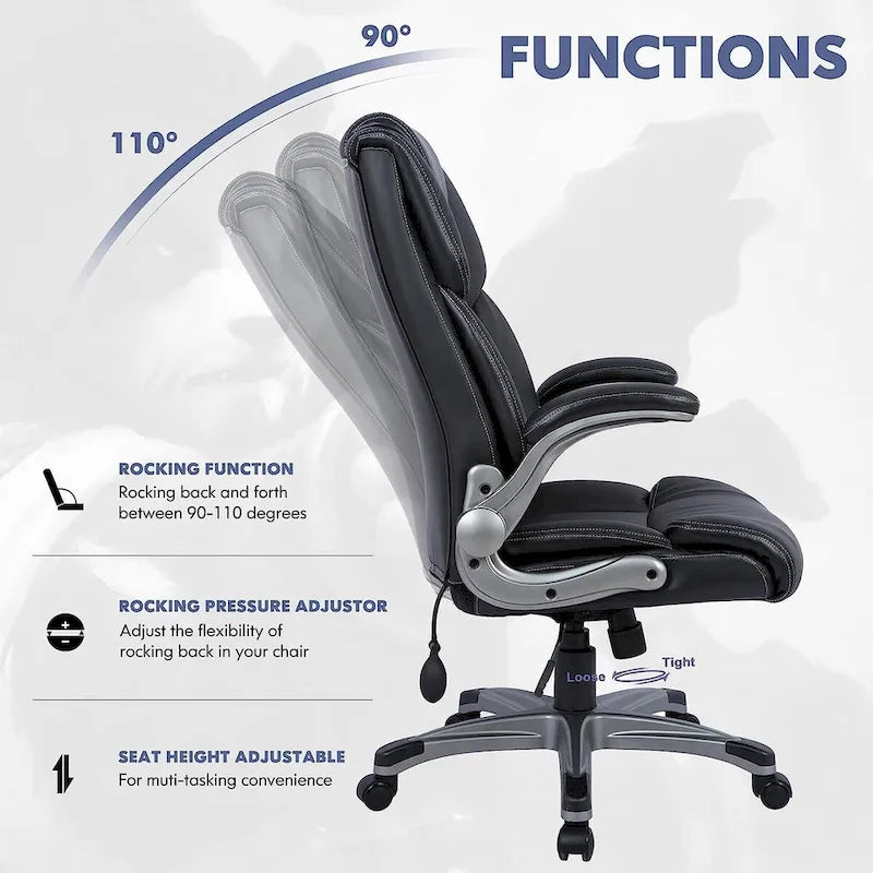 Fauteuil de bureau exécutif à dossier haut avec accoudoirs rembourrés relevables, inclinaison verrouillable réglable, fauteuil à roulettes pivotant pour le travail et l'étude des adultes