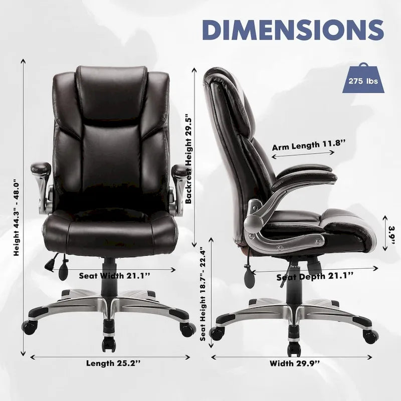 Fauteuil de bureau exécutif à dossier haut avec accoudoirs rembourrés relevables, inclinaison verrouillable réglable, fauteuil à roulettes pivotant pour le travail et l'étude des adultes