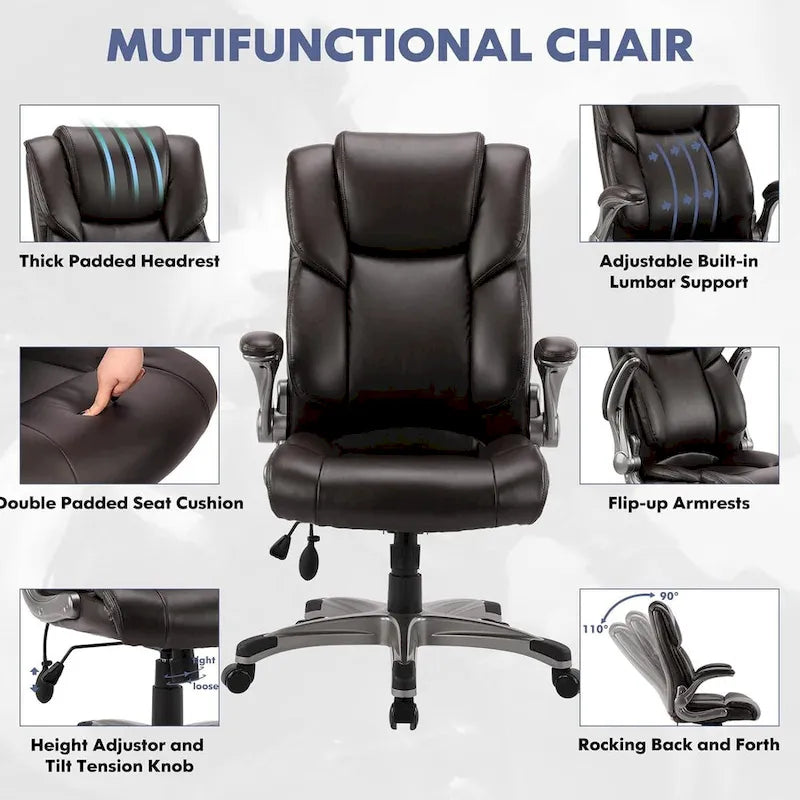 Fauteuil de bureau exécutif à dossier haut avec accoudoirs rembourrés relevables, inclinaison verrouillable réglable, fauteuil à roulettes pivotant pour le travail et l'étude des adultes