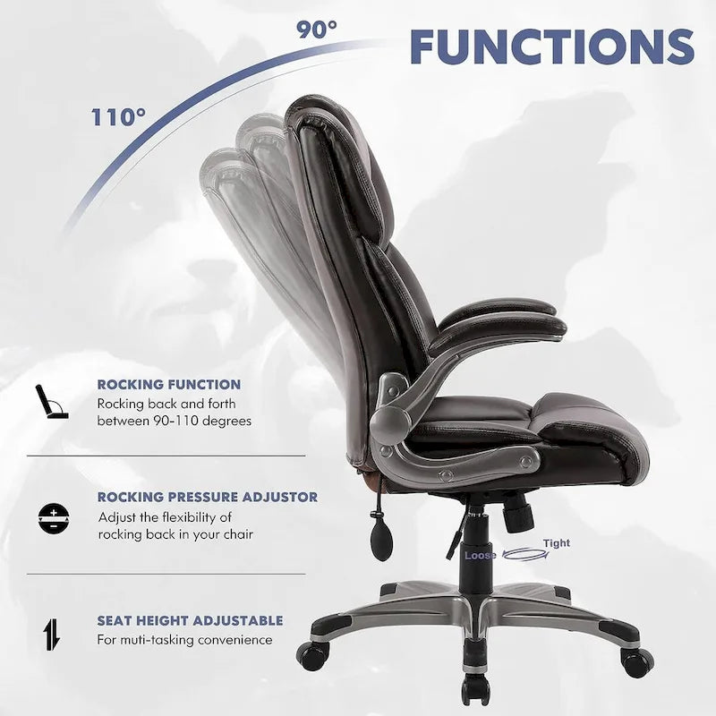 Fauteuil de bureau exécutif à dossier haut avec accoudoirs rembourrés relevables, inclinaison verrouillable réglable, fauteuil à roulettes pivotant pour le travail et l'étude des adultes