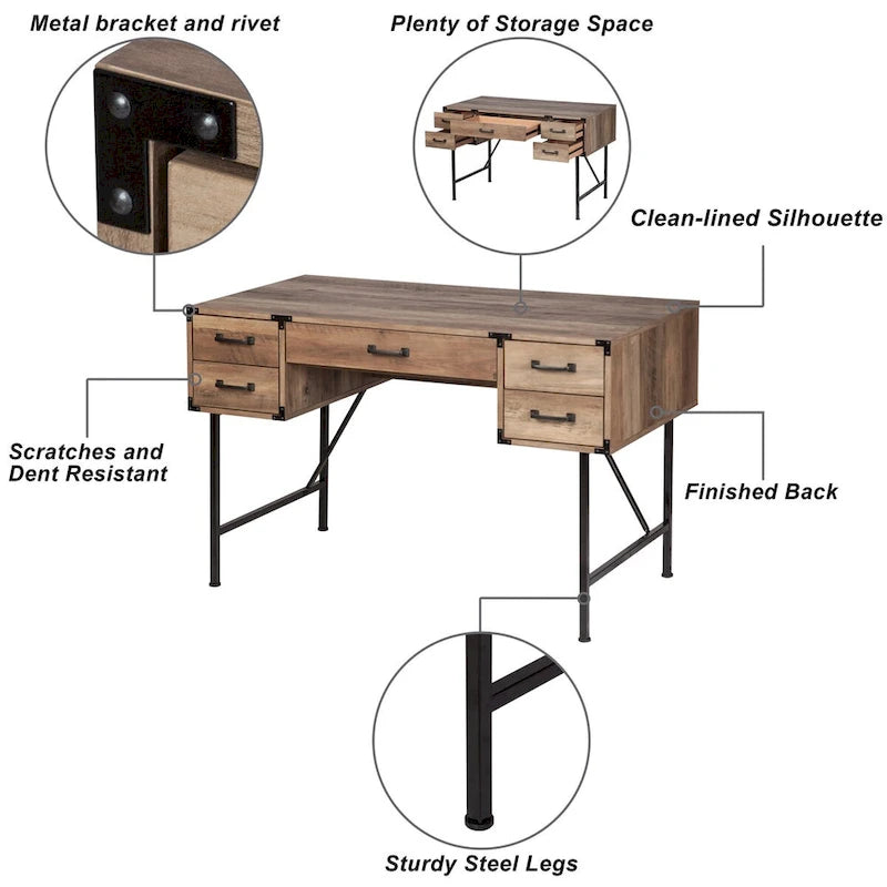 Saint Birch Cambridge Bureau d'écriture de style champêtre moderne à 5 tiroirs de 119 cm