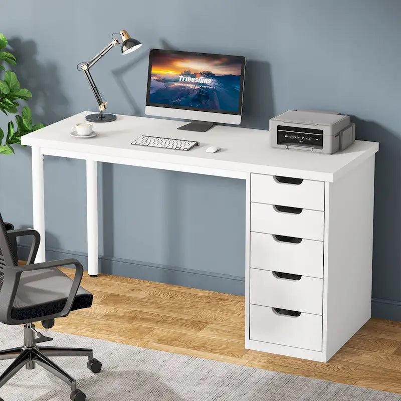47 inch Computer Wood Desk Office Desks with 5-Drawer, Writing Desk with Metal Frame for Bedroom Study