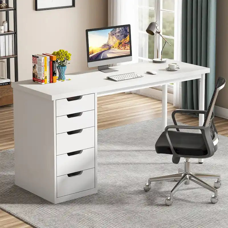 Bureau d'ordinateur en bois de 47 pouces avec 5 tiroirs, bureau d'écriture avec cadre en métal pour chambre à coucher ou bureau