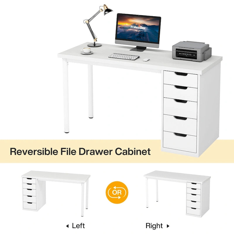 Bureau d'ordinateur en bois de 47 pouces avec 5 tiroirs, bureau d'écriture avec cadre en métal pour chambre à coucher ou bureau