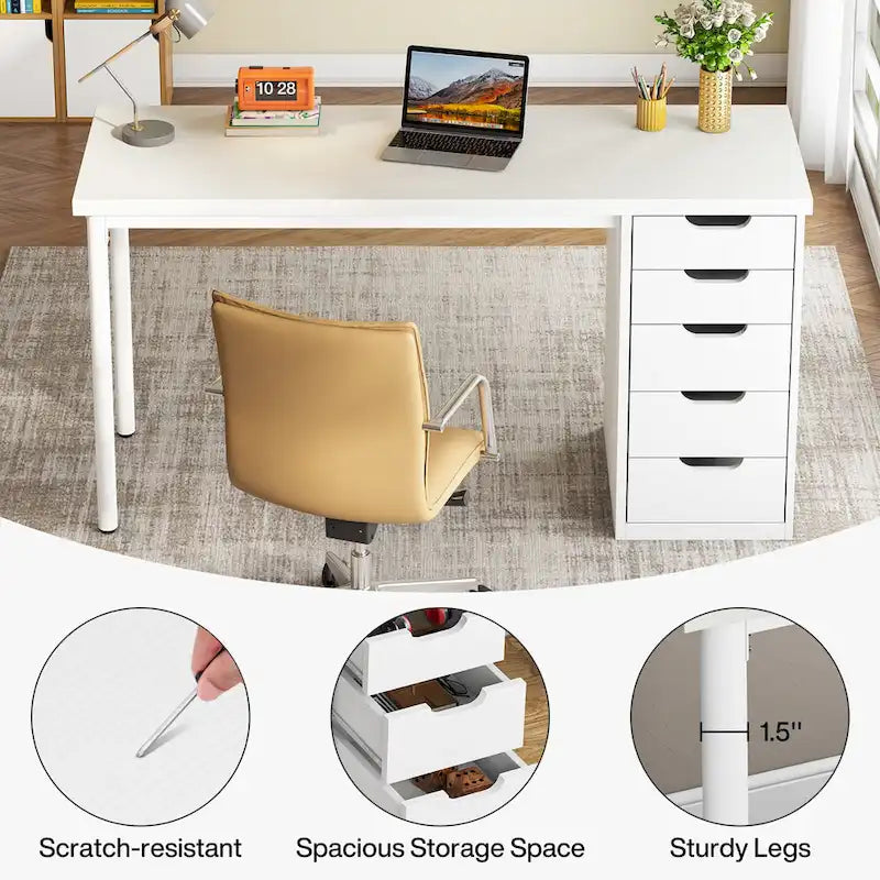 Bureau d'ordinateur en bois de 47 pouces avec 5 tiroirs, bureau d'écriture avec cadre en métal pour chambre à coucher ou bureau