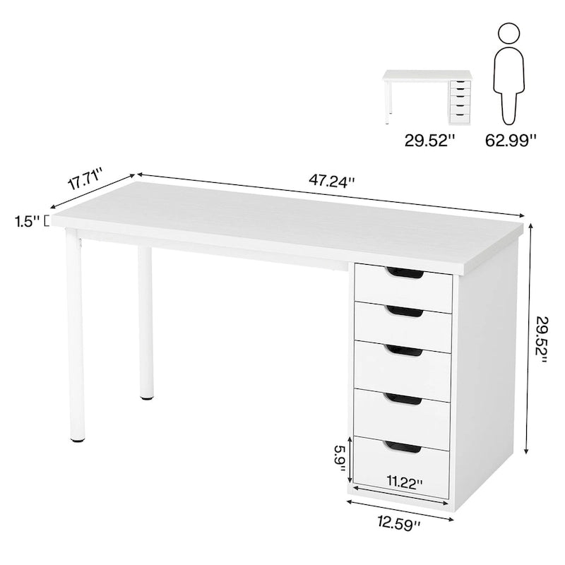 Bureau d'ordinateur en bois de 47 pouces avec 5 tiroirs, bureau d'écriture avec cadre en métal pour chambre à coucher ou bureau