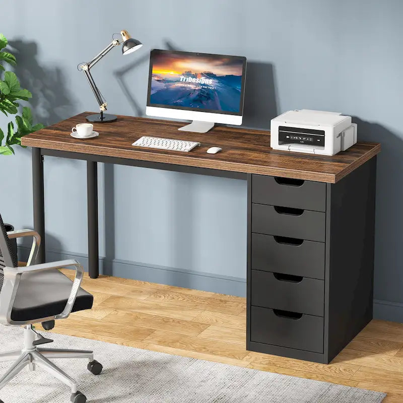 Bureau d'ordinateur en bois de 47 pouces avec 5 tiroirs, bureau d'écriture avec cadre en métal pour chambre à coucher ou bureau