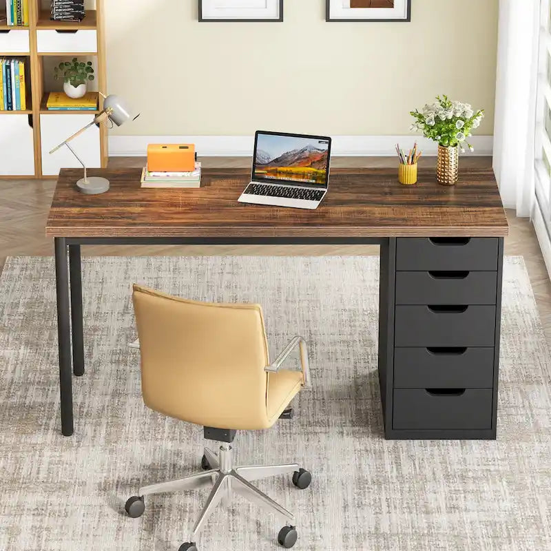Bureau d'ordinateur en bois de 47 pouces avec 5 tiroirs, bureau d'écriture avec cadre en métal pour chambre à coucher ou bureau