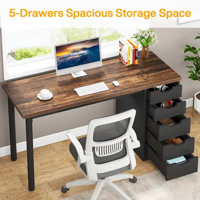Bureau d'ordinateur en bois de 47 pouces avec 5 tiroirs, bureau d'écriture avec cadre en métal pour chambre à coucher ou bureau