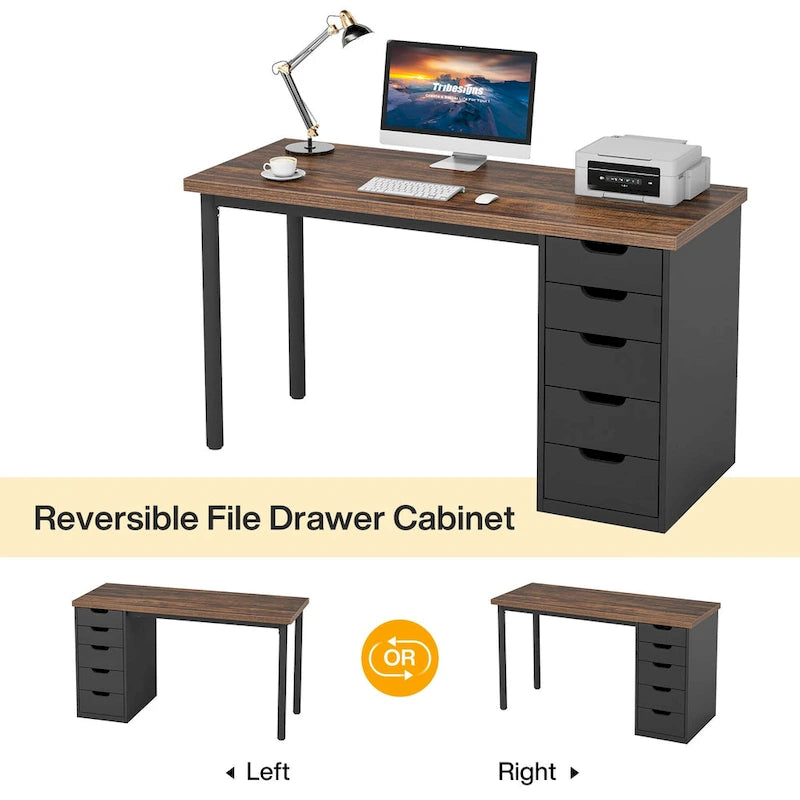 Bureau d'ordinateur en bois de 47 pouces avec 5 tiroirs, bureau d'écriture avec cadre en métal pour chambre à coucher ou bureau