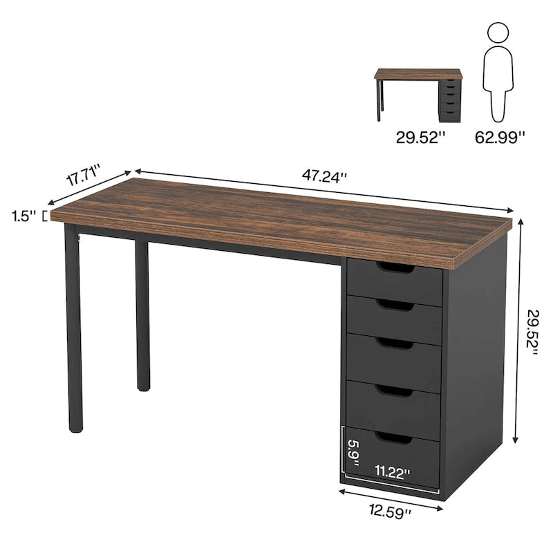 Bureau d'ordinateur en bois de 47 pouces avec 5 tiroirs, bureau d'écriture avec cadre en métal pour chambre à coucher ou bureau