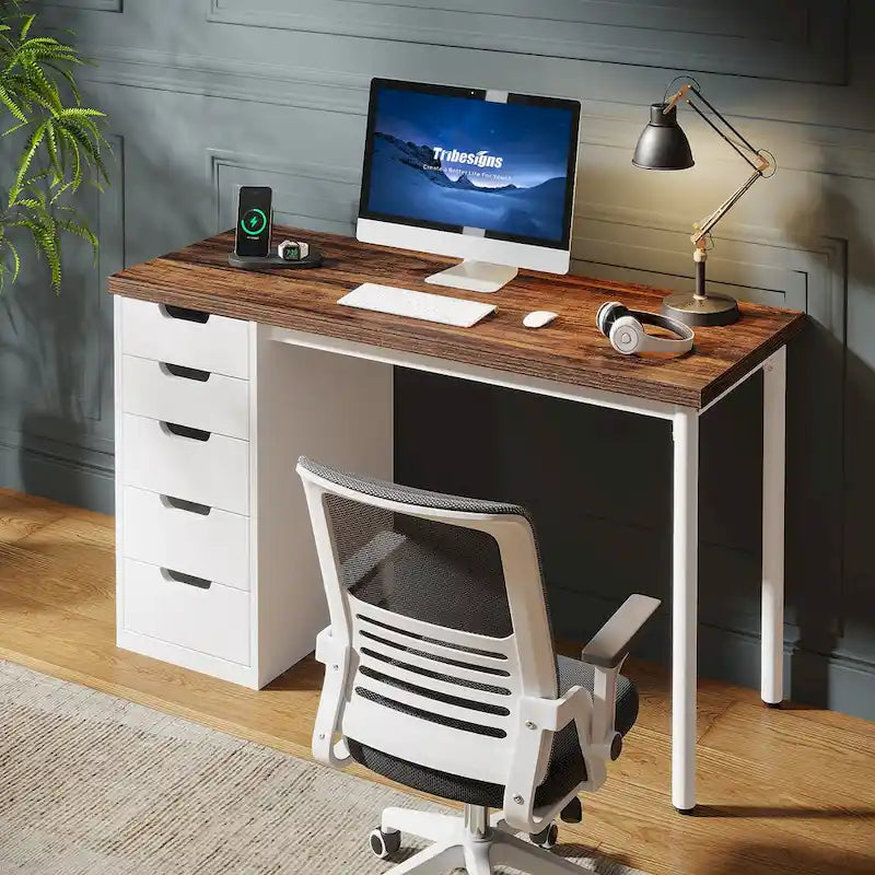 Bureau d'ordinateur en bois de 47 pouces avec 5 tiroirs, bureau d'écriture avec cadre en métal pour chambre à coucher ou bureau