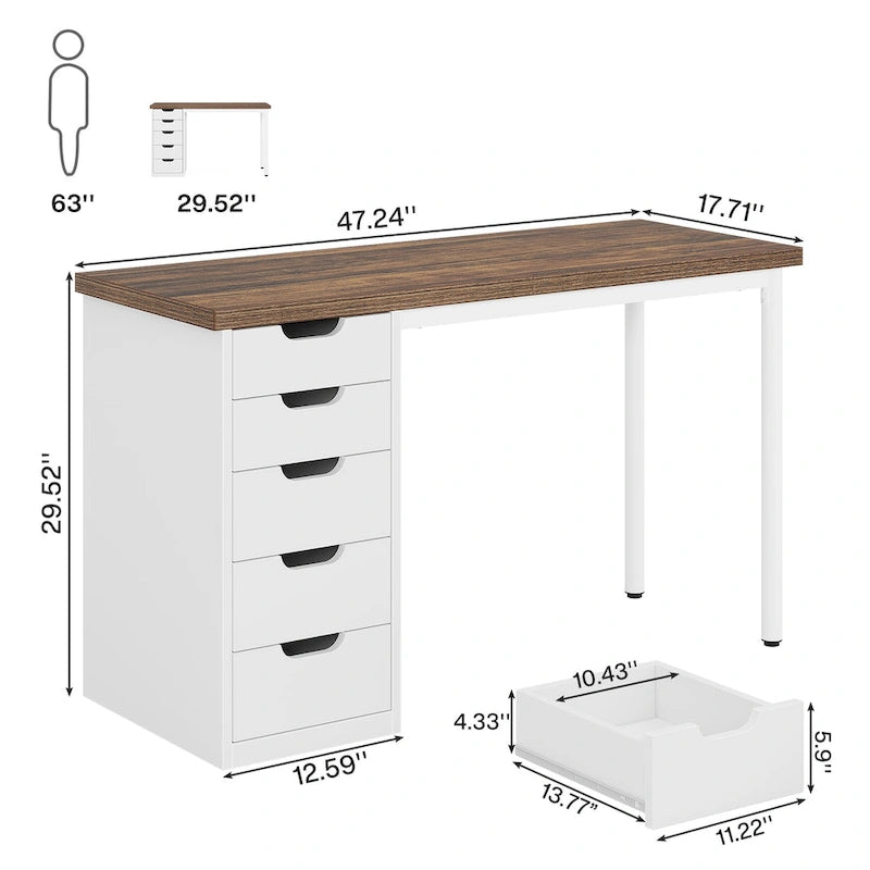 Bureau d'ordinateur en bois de 47 pouces avec 5 tiroirs, bureau d'écriture avec cadre en métal pour chambre à coucher ou bureau