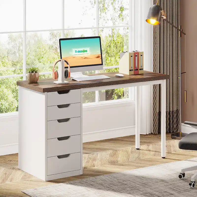 Bureau d'ordinateur en bois de 47 pouces avec 5 tiroirs, bureau d'écriture avec cadre en métal pour chambre à coucher ou bureau